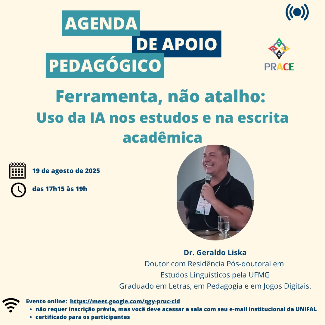Acompanhe a nova agenda do Apoio Pedagógico e descubra como a Inteligência Artificial pode ser uma aliada nos seus estudos. Venha conhecer ferramentas, técnicas e estratégias que vão facilitar sua aprendizagem e otimizar seu tempo!"